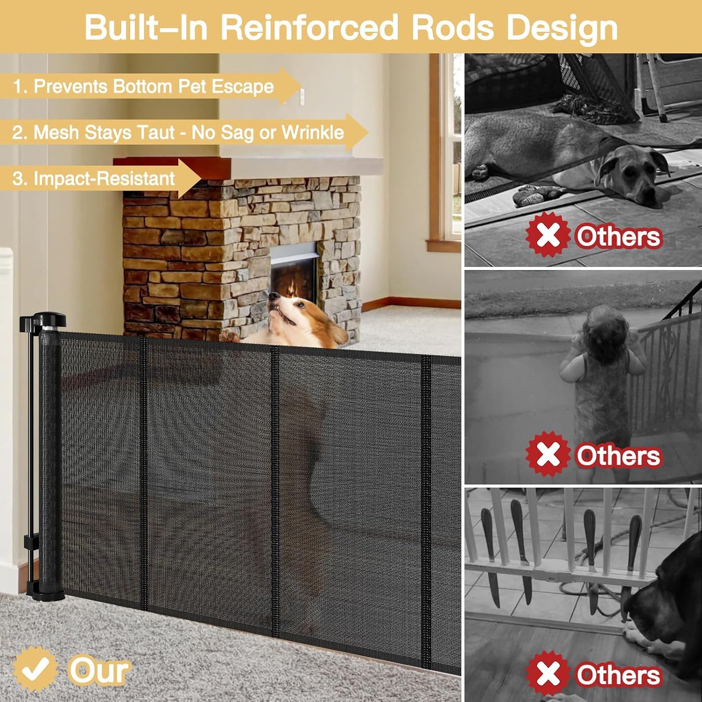 Reinforced 28-Inch Tall Retractable Baby Gates for Doorways, Walk Through Pet Gate for Stairs, Short Baby Gate with Support Rods, 55 Inch Wide Mesh Gate Retractable Gate Small Dog Gate, Gray