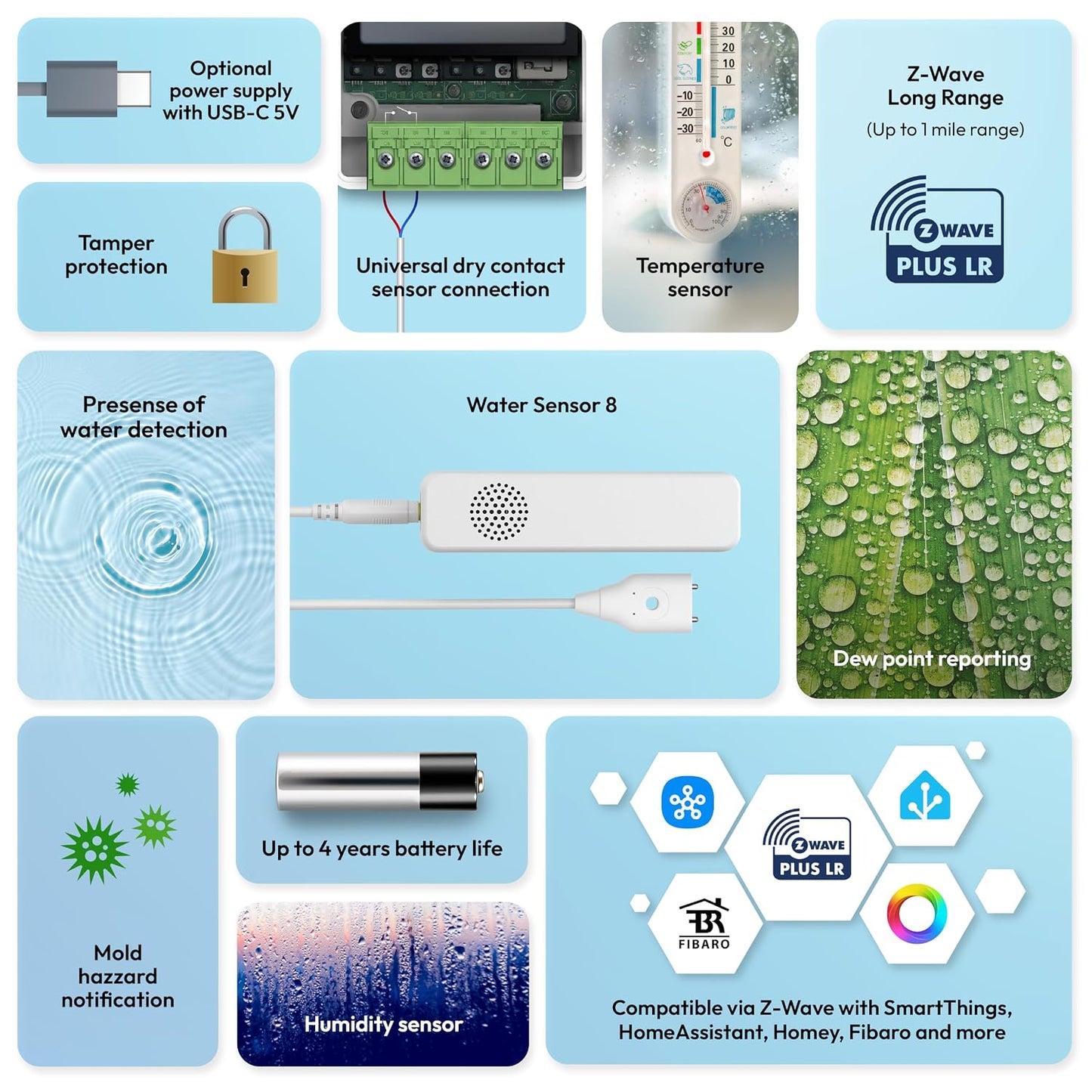 Aeotec Water Sensor 8, Z-Wave Plus 800 Series with Long Range Support, Leak Detector with Temperature & Humidity, SmartThings Compatible, Battery or USB-C Powered Flood Sensor