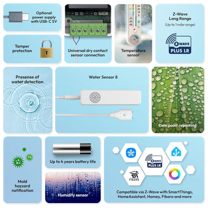 Aeotec Water Sensor 8, Z-Wave Plus 800 Series with Long Range Support, Leak Detector with Temperature & Humidity, SmartThings Compatible, Battery or USB-C Powered Flood Sensor