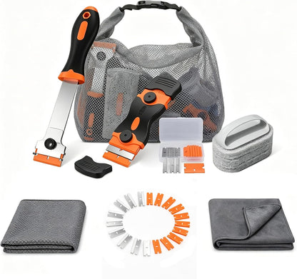Glass Cooktop Cleaning Kit,4-in-1 Scraper with 20 Blades, Non-Scratch Dish Brush with Absorbent Cloth&Storage Bag–Stove Top Deep Cleaning Set for Kitchen Ceramic, Halogen, Gas Stove & Glass Surfaces