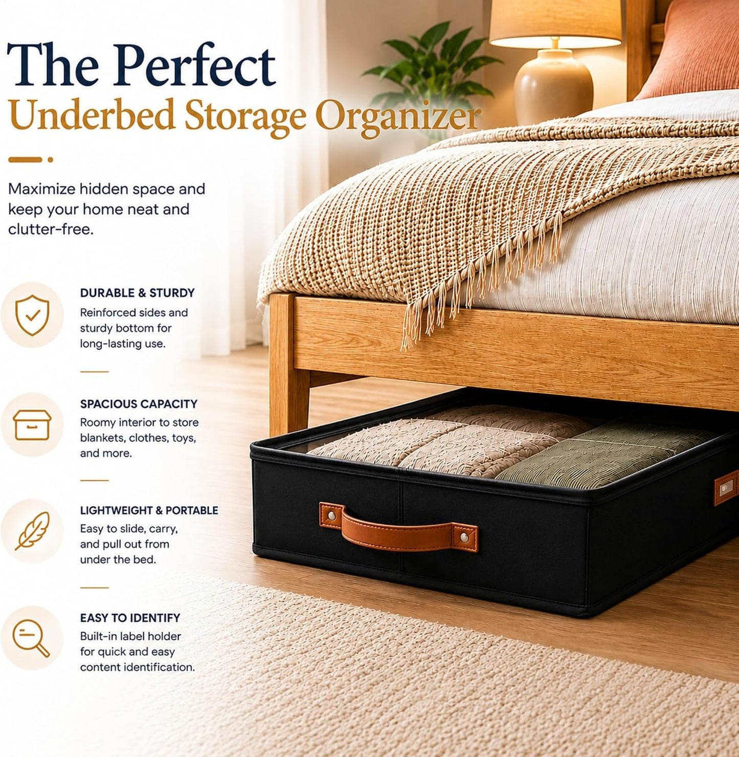 HOMELUX THEORY 2pc Low Profile Under Bed Storage Containers, Thin Under Couch Storage Organizer with Bins & Lids, Underbed Storage Box Ideal for Seasonal Clothes, Blankets, Fabric & Shoes (Ivory)