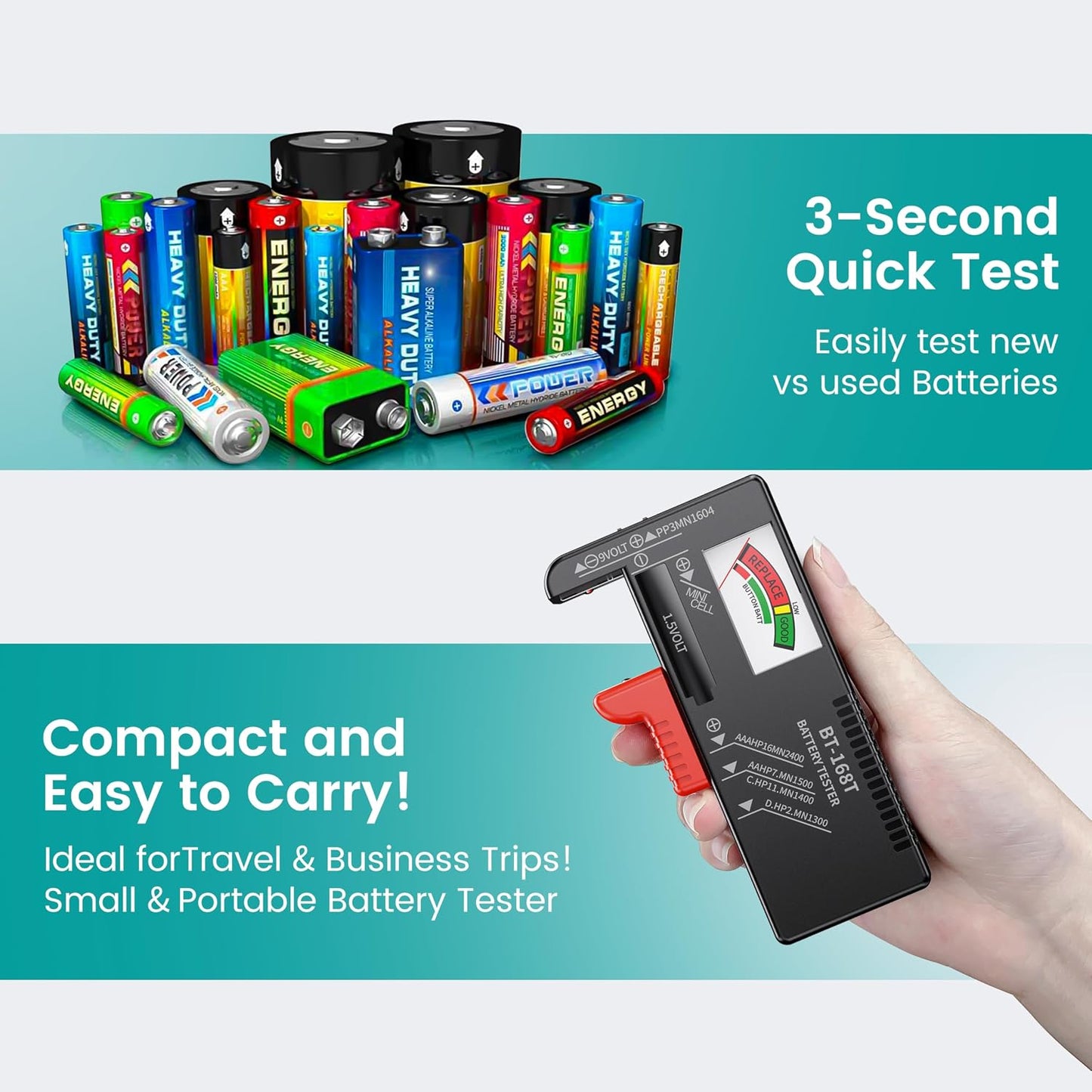 Dlypow Magnetic Battery Tester for AAA AA C D 9V, Buttons, Batteries Checker