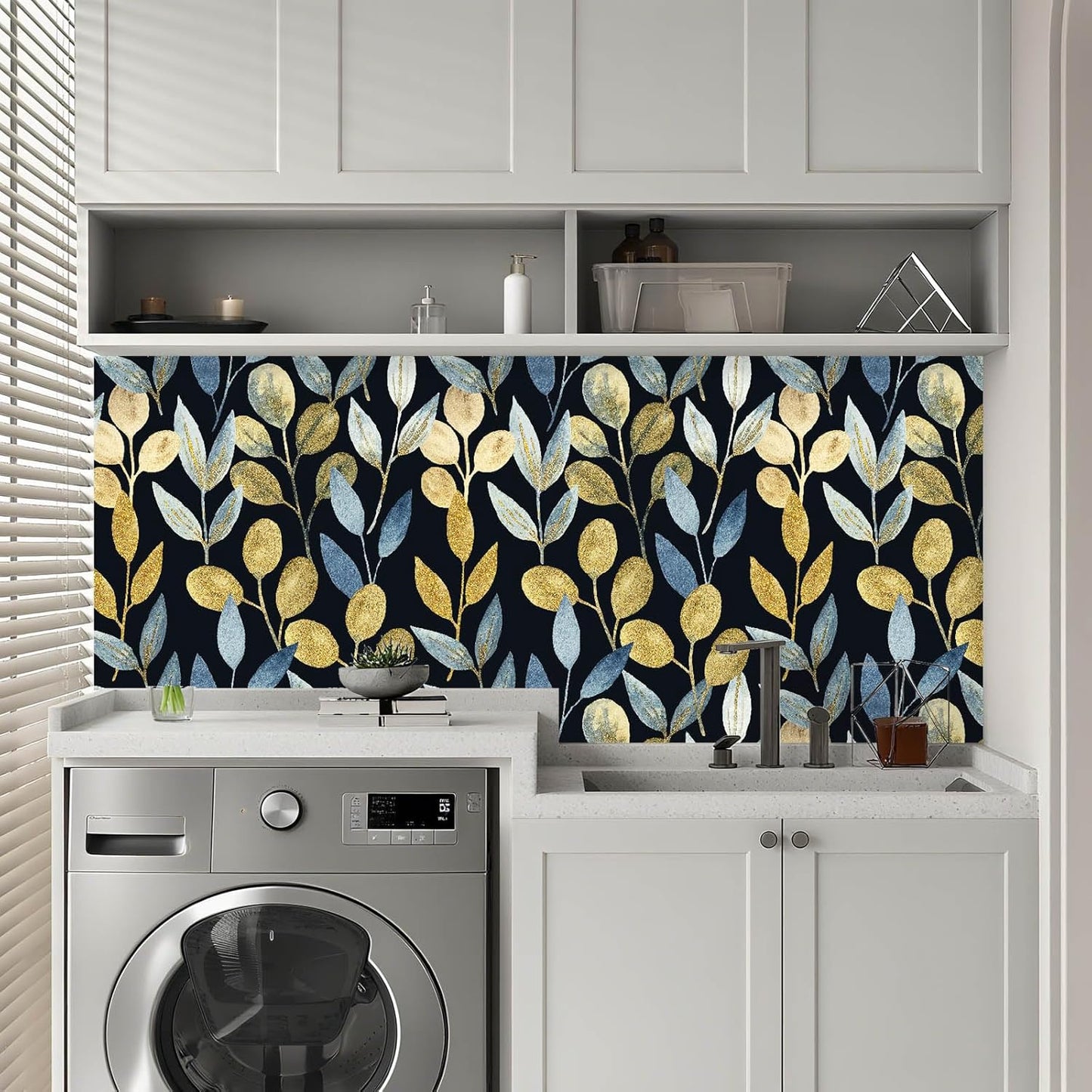 Blue Gold Leaf Peel and Stick Wallpaper Modern Self Adhesive Contact Paper Waterproof Removable Wall Paper for Bathroom Living Room 17.7"x70.8" Luxury Decorative Wallpaper