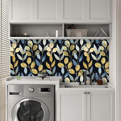 Blue Gold Leaf Peel and Stick Wallpaper Modern Self Adhesive Contact Paper Waterproof Removable Wall Paper for Bathroom Living Room 17.7"x70.8" Luxury Decorative Wallpaper
