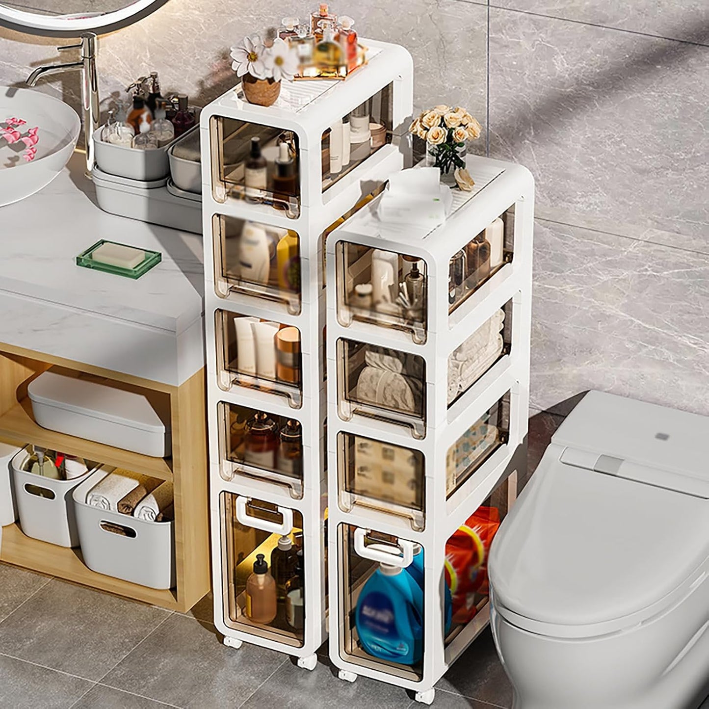 5-Tier Slim Bathroom Storage Cabinet,Narrow Floor Cabinets with Drawers and Wheels,Rolling Narrow Organizer for Small Spaces,Kitchen,Laundry,7.9”W