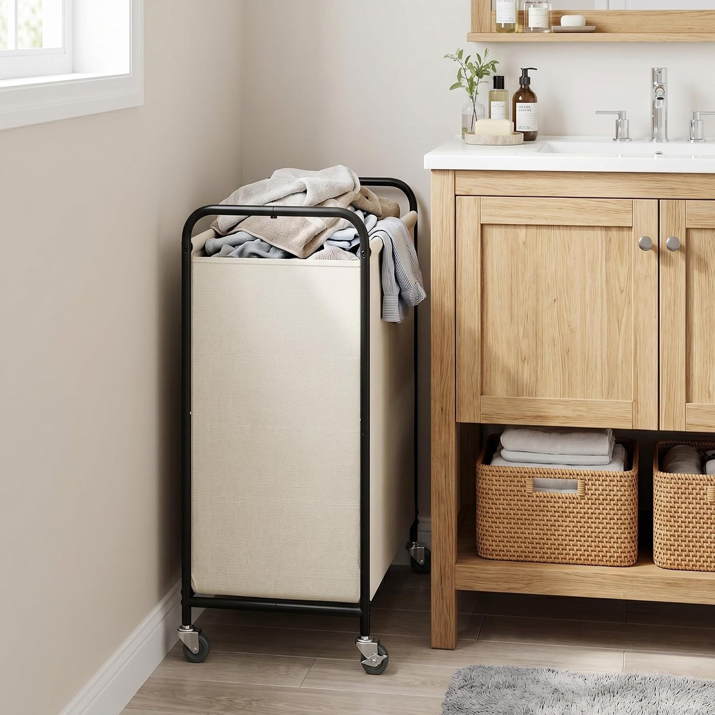 GRANNY SAYS 2 Section 130L Laundry Sorter, Large Laundry Hamper Basket with Wheels and Handles, Durable and Sturdy Rolling Cart for Laundry Room, Hotel, Bedroom, Beige