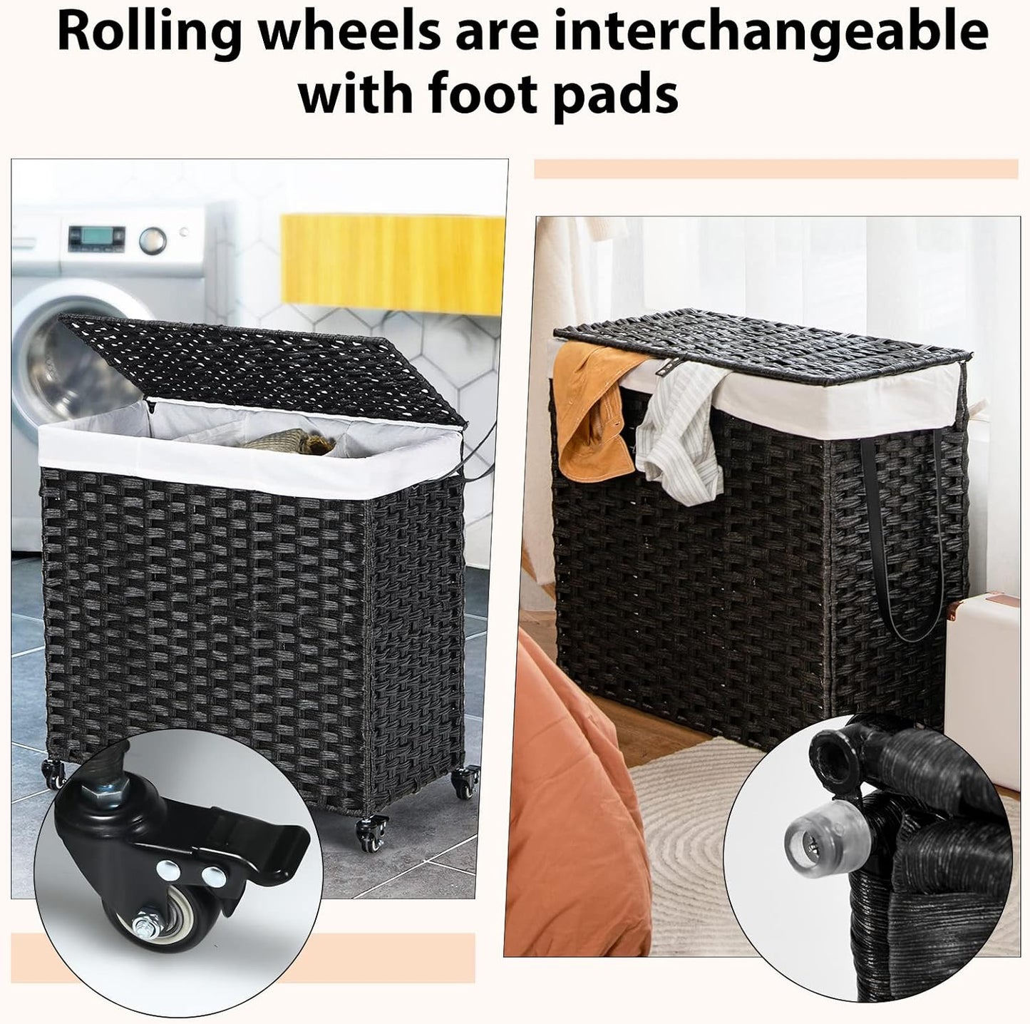 Giantex Laundry Hamper w/Wheels, 3 Section Hamper 125L w/2 Removable Liner Bags, Handwoven Rattan Divided Laundry Basket w/Lid and Handle for Laundry Sorter for Bathroom Bedroom (Brown)