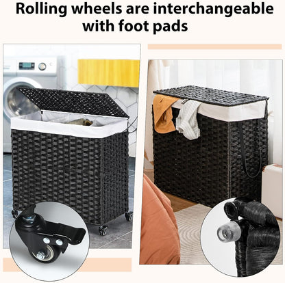 Giantex Laundry Hamper w/Wheels, 3 Section Hamper 125L w/2 Removable Liner Bags, Handwoven Rattan Divided Laundry Basket w/Lid and Handle for Laundry Sorter for Bathroom Bedroom (Brown)