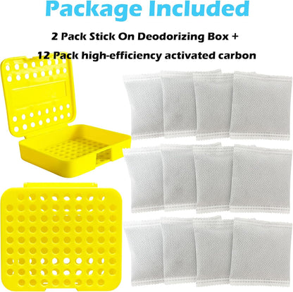 2 Pack Stick On Deodorizing Box, 12 Pack Odor Removing Refills for Trash Can, Activated Charcoal Odor Eliminator for Indoor Kitchen Trash/Diaper Pails/Wardrobe/Shoe Cabinet (Black)