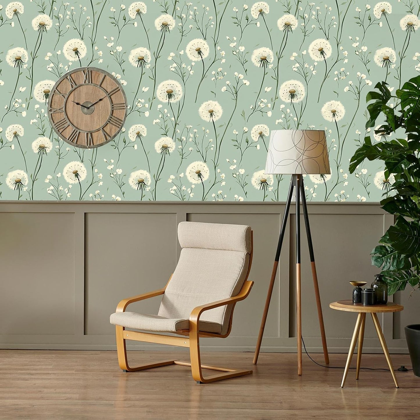 Dandelion Floral Peel and Stick Wallpaper Green Self Adhesive Removable Vinyl Wallpaper Botanical Floral Watercolor Boho Accent Wall for Bedroom Living Room Nursery 17.7" X 118"
