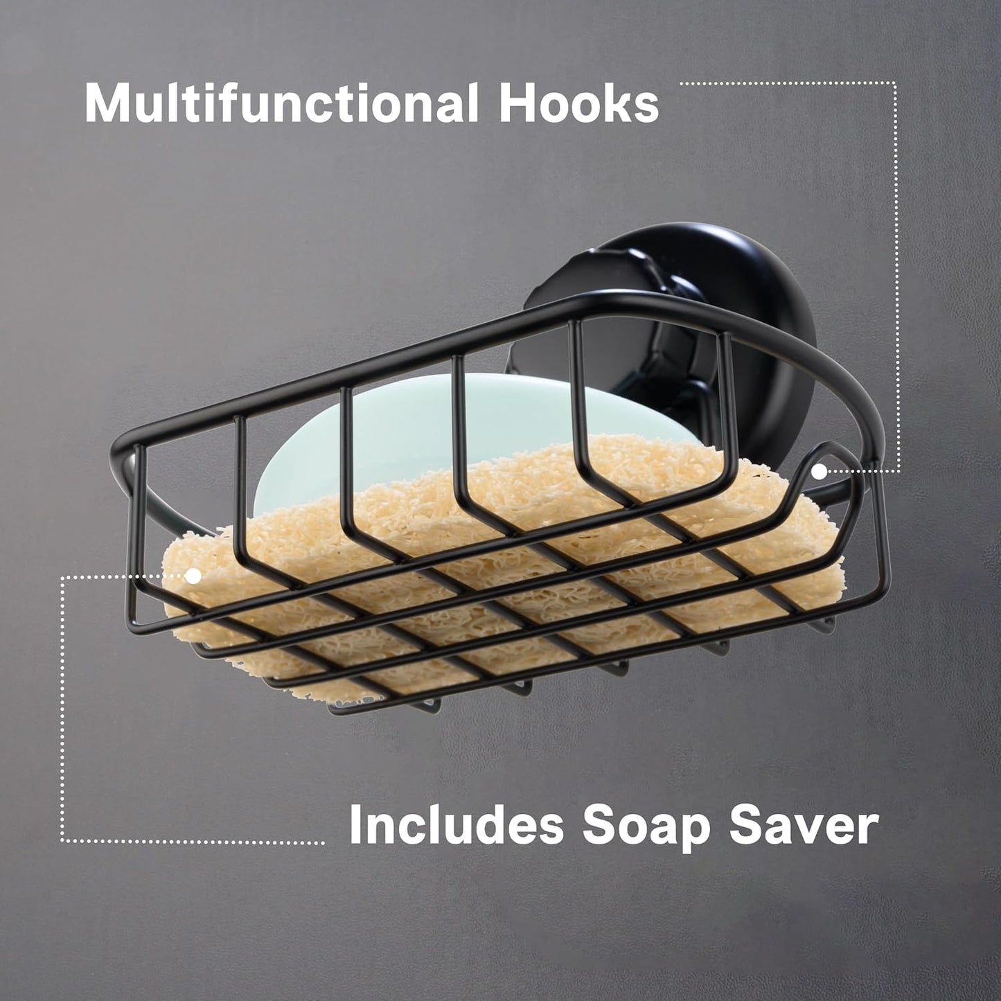 HASKO Suction Cup Soap Dish for Shower Wall, Rustproof Stainless Steel Shower Soap Holder for Bathroom with Hooks and Soap Saver, Includes Optional No Drill Adhesive Mount, Silver