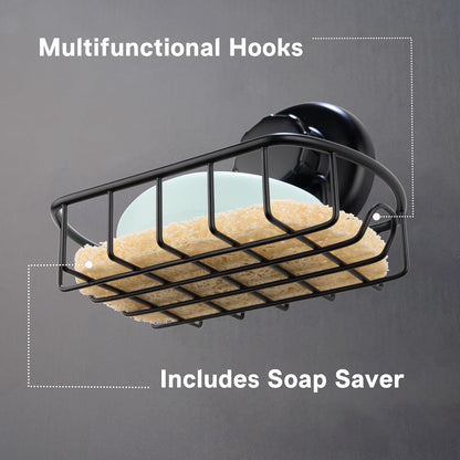 HASKO Suction Cup Soap Dish for Shower Wall, Rustproof Stainless Steel Shower Soap Holder for Bathroom with Hooks and Soap Saver, Includes Optional No Drill Adhesive Mount, Silver