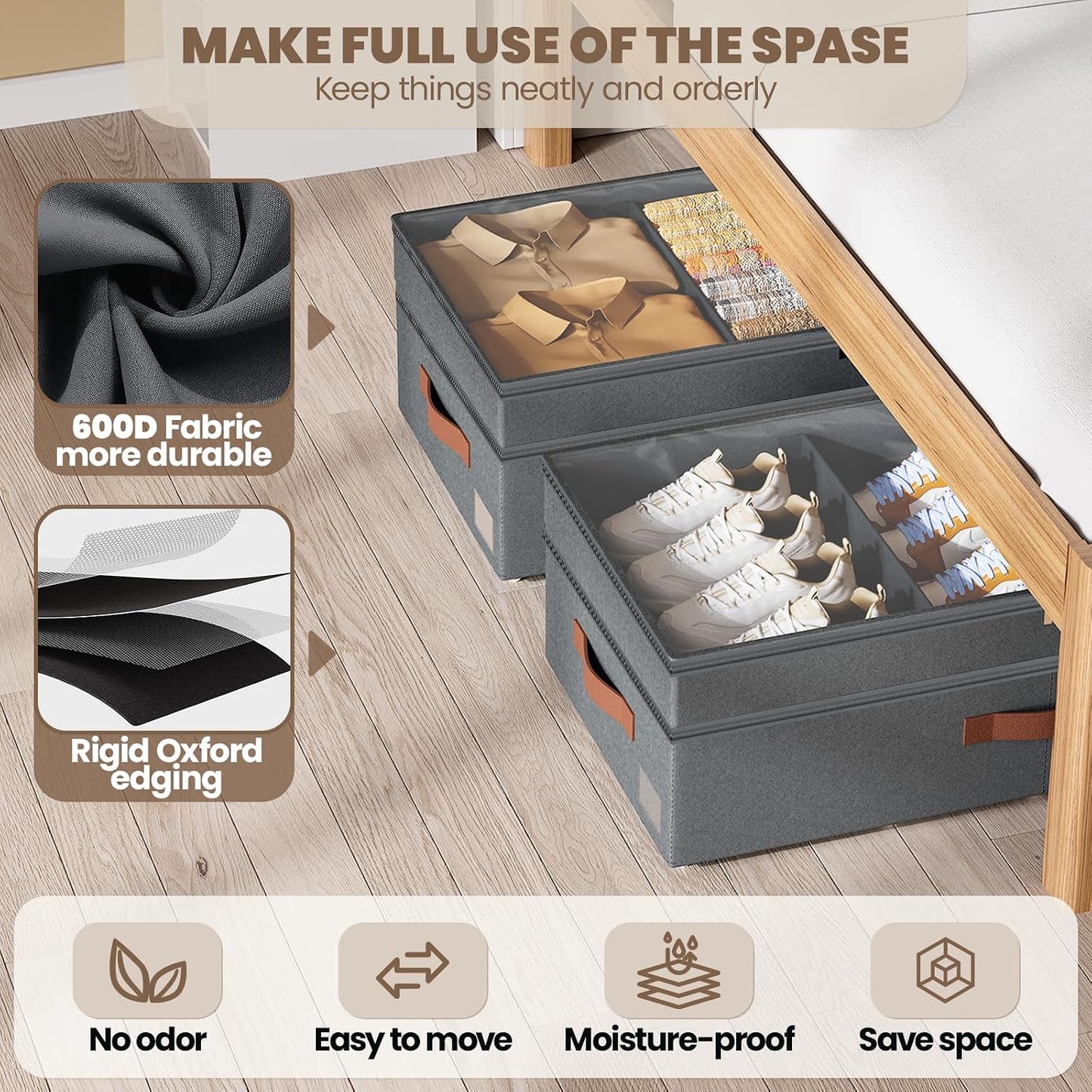 Dayacoco Under Bed Storage With Wheels,10in Underbed Storage Containers 65L | Large Capacity Underbed Storage, No Assembly Required Rolling Under Bed Storage for Clothes Blankets Shoes Beige