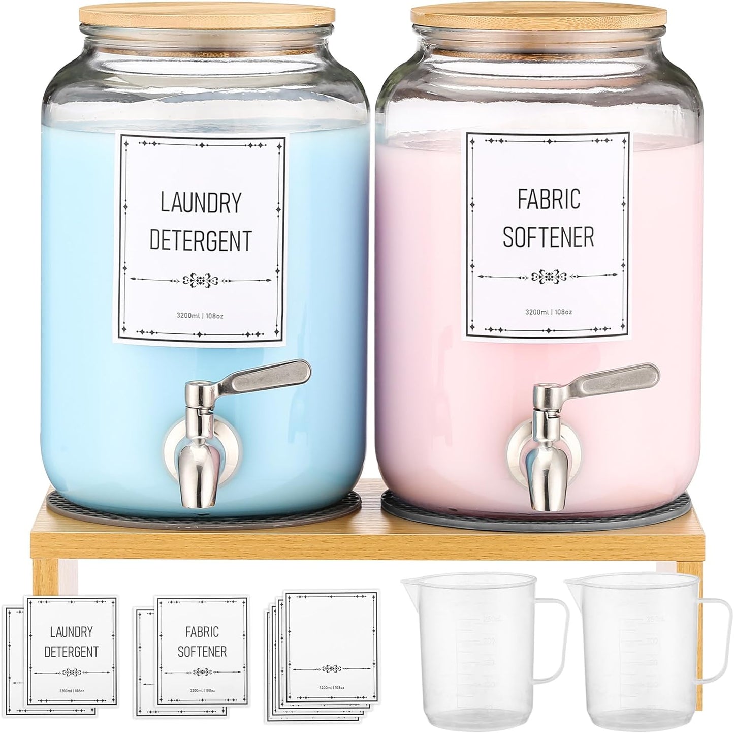 Laundry Detergent Dispenser. 0.9 Gallon Glass Laundry Soap Liquid Laundry Detergent Dispense. Fabric Softener Dispenser With Stand and Bamboo Lid. Laundry Room Organization and Storage