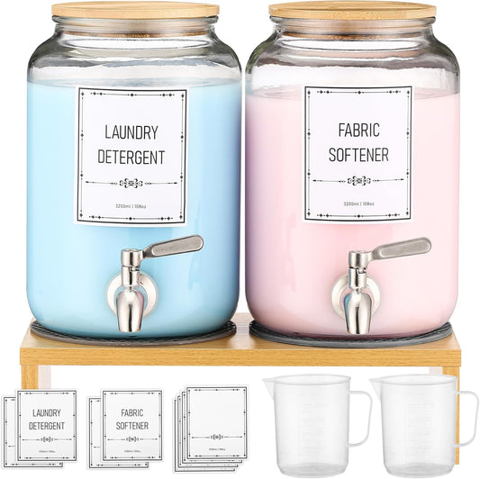 Laundry Detergent Dispenser. 0.9 Gallon Glass Laundry Soap Liquid Laundry Detergent Dispense. Fabric Softener Dispenser With Stand and Bamboo Lid. Laundry Room Organization and Storage