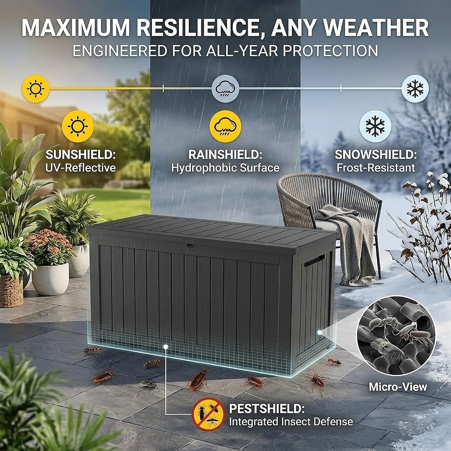 270 Gallon Lockable Resin Outdoor Storage Box, Waterproof & Weather Resistant Deck Box for Patio Cushion, Garden Tools & Pool Accessories, Black