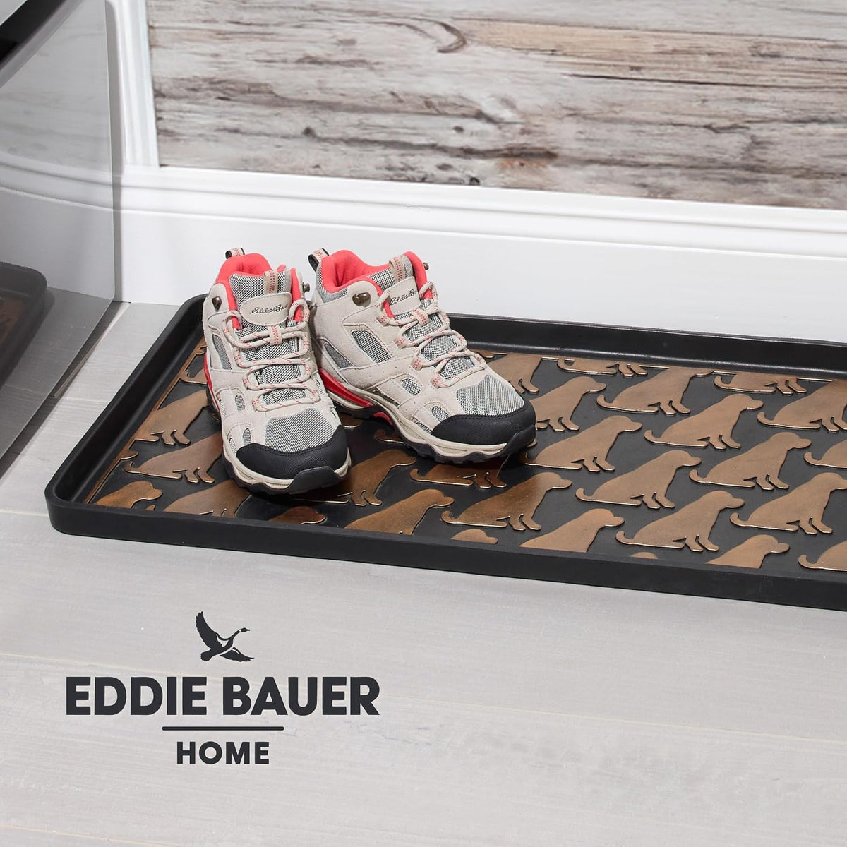 Eddie Bauer Rubber Boot Tray – Lake Waves Design, 16"x32", Black – Waterproof Entryway Boot Mat