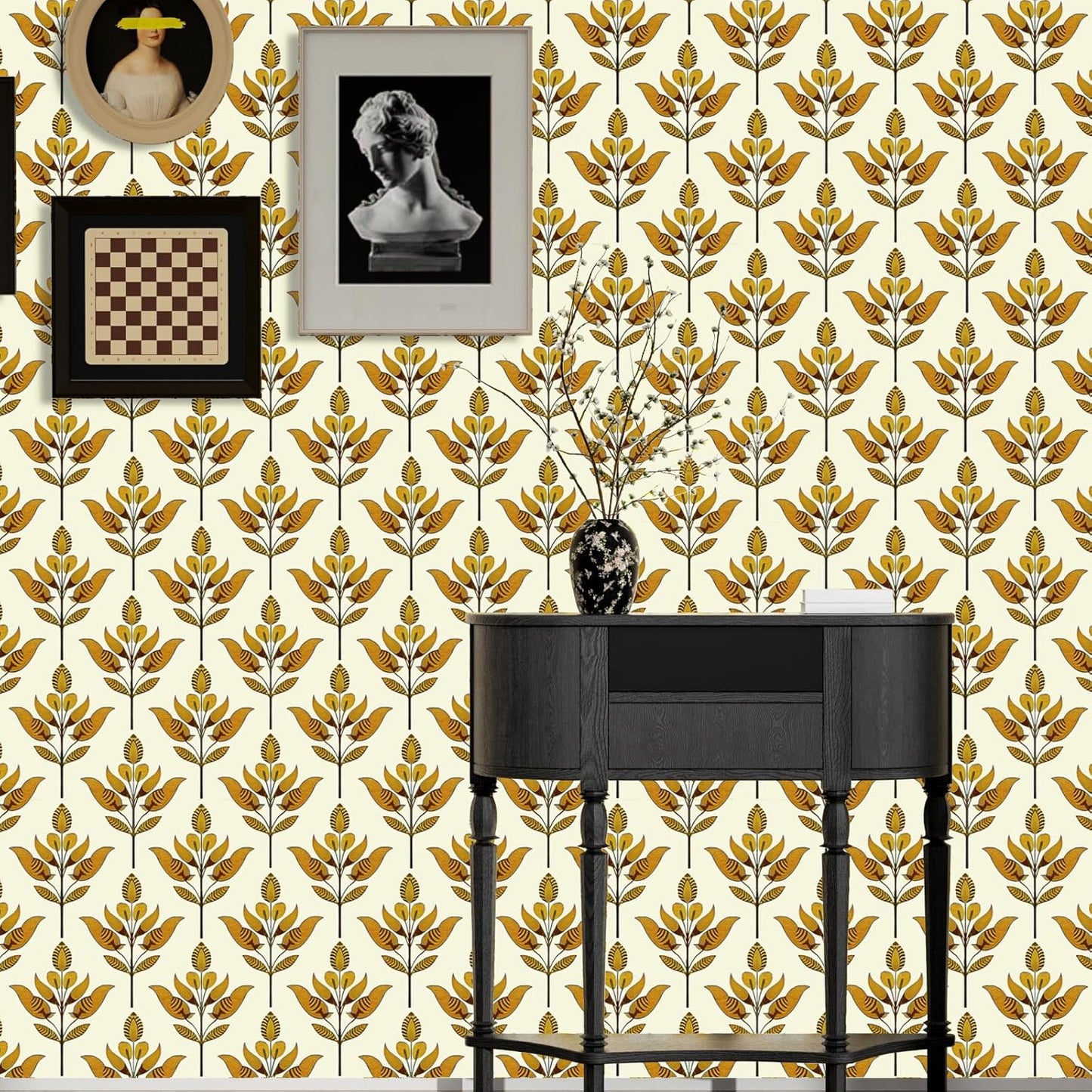 BOKEBEVE Leaves Contact Paper Floral Wallpaper Stick and Peel Boho Damask Wall Paper for Liner Drawer Cabinet Backsplash Renter Friendly Waterproof 17.5 x 118In