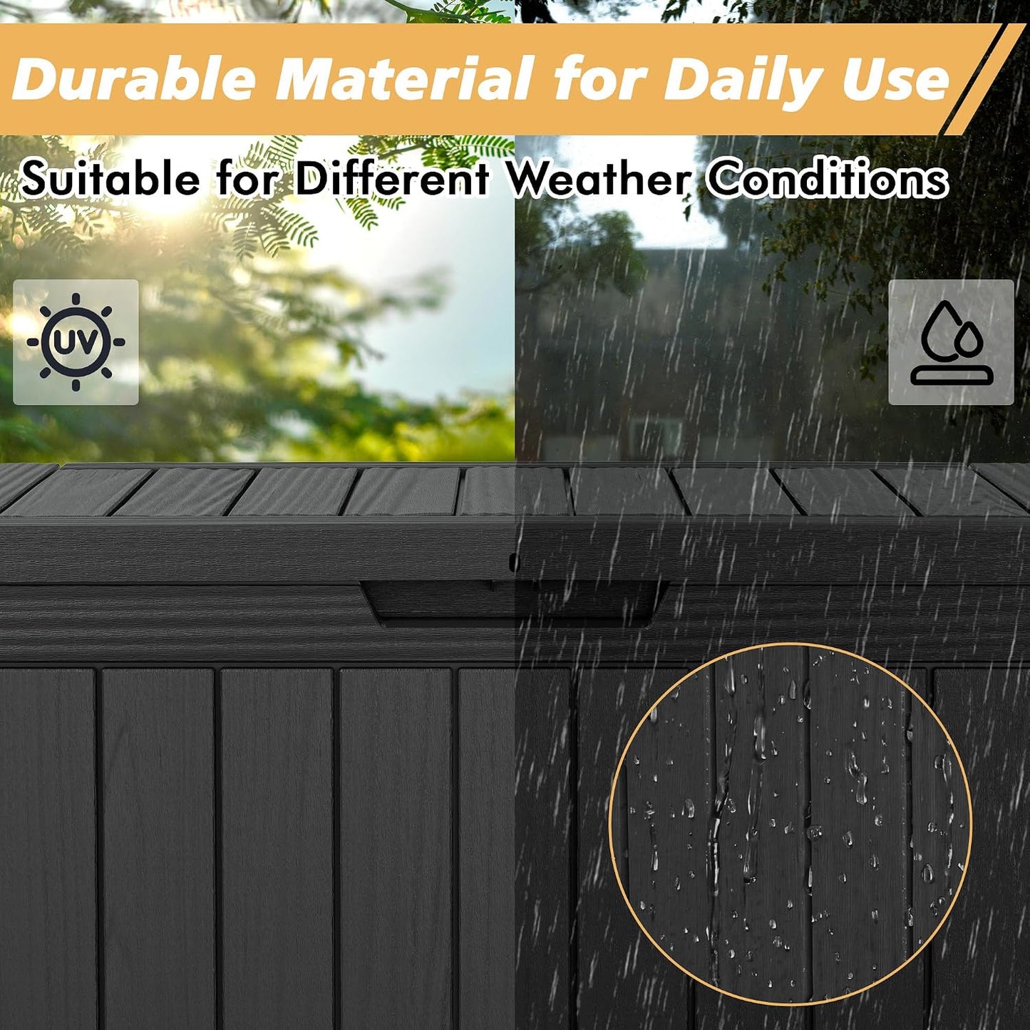 Fancyango 75 Gallon Outdoor Deck Box Waterproof, Large Storage Box for Patio, Resin Storage Bench Lockable for Garden Tools, Package Delivery, Black