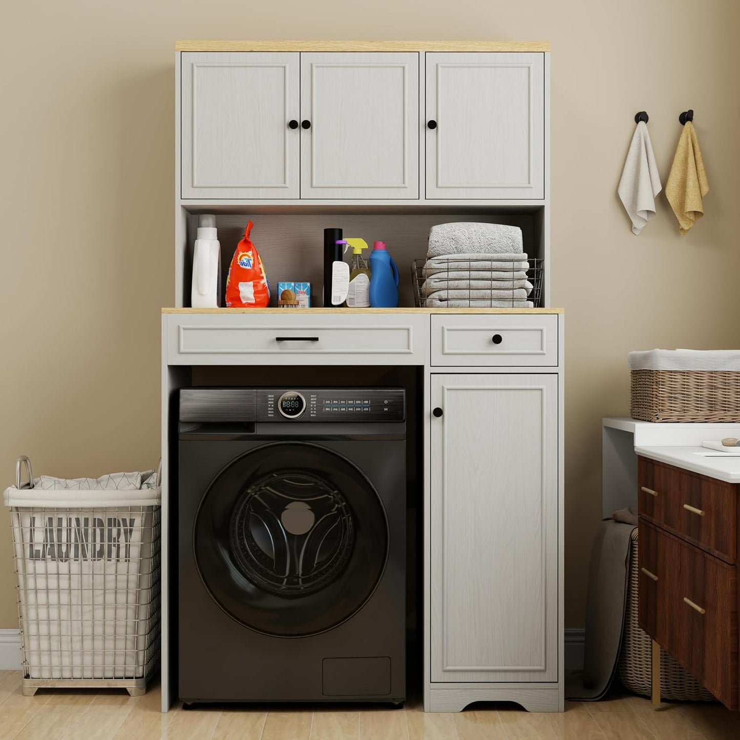 Over The Washer Dryer Storage Shelf Cabinet, Laundry Room Organizer with Basket, Drawer & Adjustable Shelves, Maximize Space Above Compact Washing Machine, Easy Assembly, Antique White