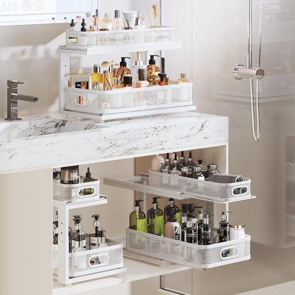2 Pack 18.5IN-Depth Under Sink Organizer With Next-Gen Ball-Bearing Slides,2-Tier Precision Mesh Pull Out Cabinet Storage for Bathroom&Kitchen,Height Adjustable Drawers Shelf,Anti-rust-White