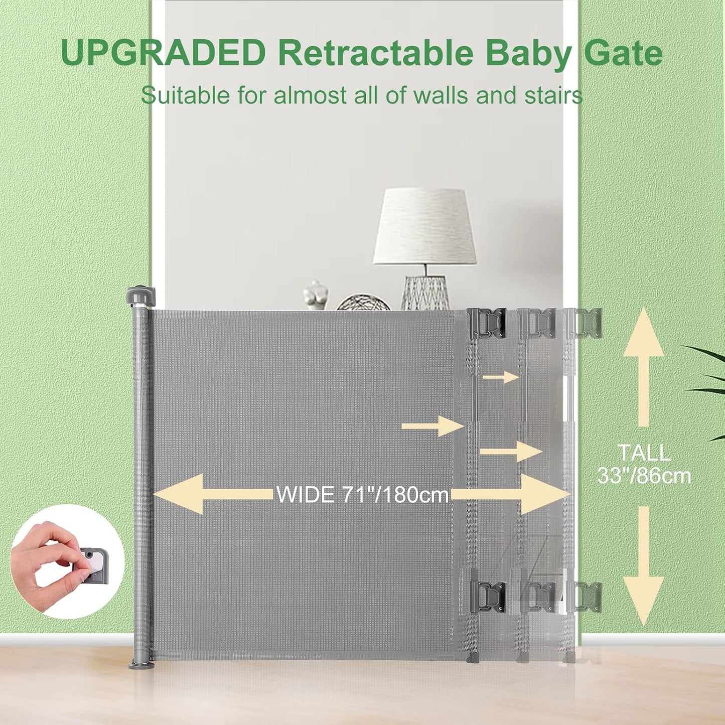Retractable Baby Gate for Stairs & Doorways, 33" Tall Extends to 71" Wide | Extra Wide Safety Kid Pet Gate, Mesh Dog Gate for Indoor,Outdoor, Hallways One-Handed Operation, Easy Install(33”x71”-Black)