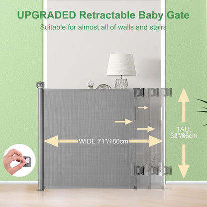 Retractable Baby Gate for Stairs & Doorways, 33" Tall Extends to 71" Wide | Extra Wide Safety Kid Pet Gate, Mesh Dog Gate for Indoor,Outdoor, Hallways One-Handed Operation, Easy Install(33”x71”-Black)