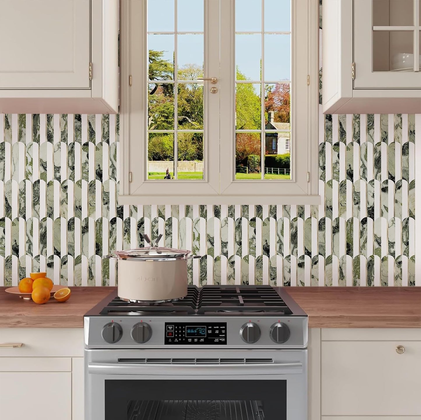 Vamos Peel and Stick Backsplash Seamless Tile for Kitchen and Bathroom,White and Beige Slate PVC Mixed Light Gold Self Adhesive Fish Scale Metal Mosaic Tiles (10 Sheets)