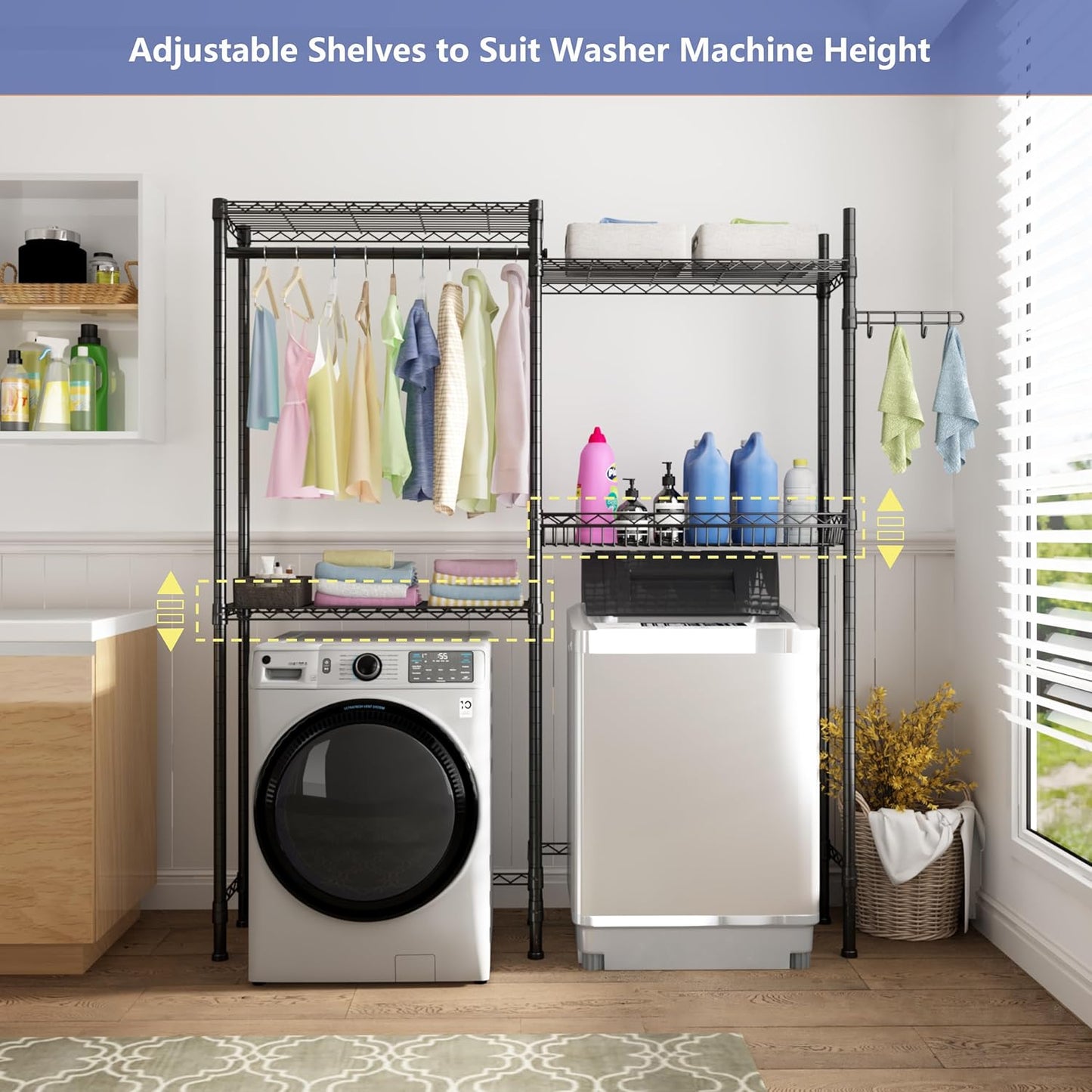Golpart Over Washer and Dryer Shelves,Heavy Duty Laundry Room Storage Organization Clothes Drying Rack,5 Tier Adjustable Height Wire Shelving and Wire Basket with Hanger Rod&Hook,Space Saving Shelf