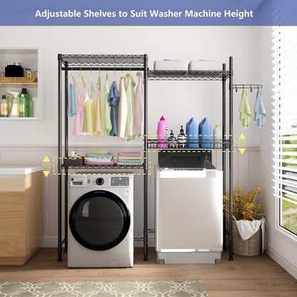 Golpart Over Washer and Dryer Shelves,Heavy Duty Laundry Room Storage Organization Clothes Drying Rack,5 Tier Adjustable Height Wire Shelving and Wire Basket with Hanger Rod&Hook,Space Saving Shelf