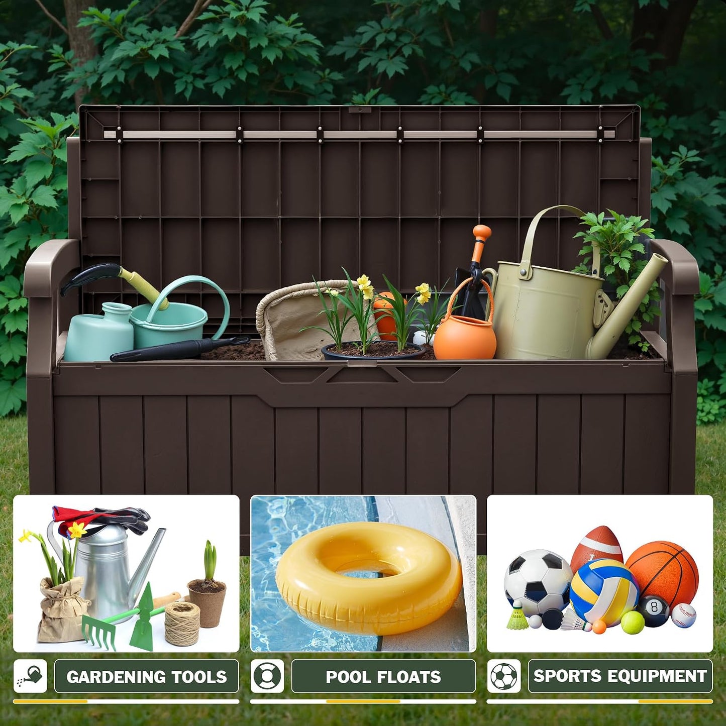 Flamaker 80 Gallon Storage Bench Outdoor Indoor, Durable All-Weather Seating with Hidden Storage, Lockable Deck Box for Garden, Patio, Poolside (Brown)