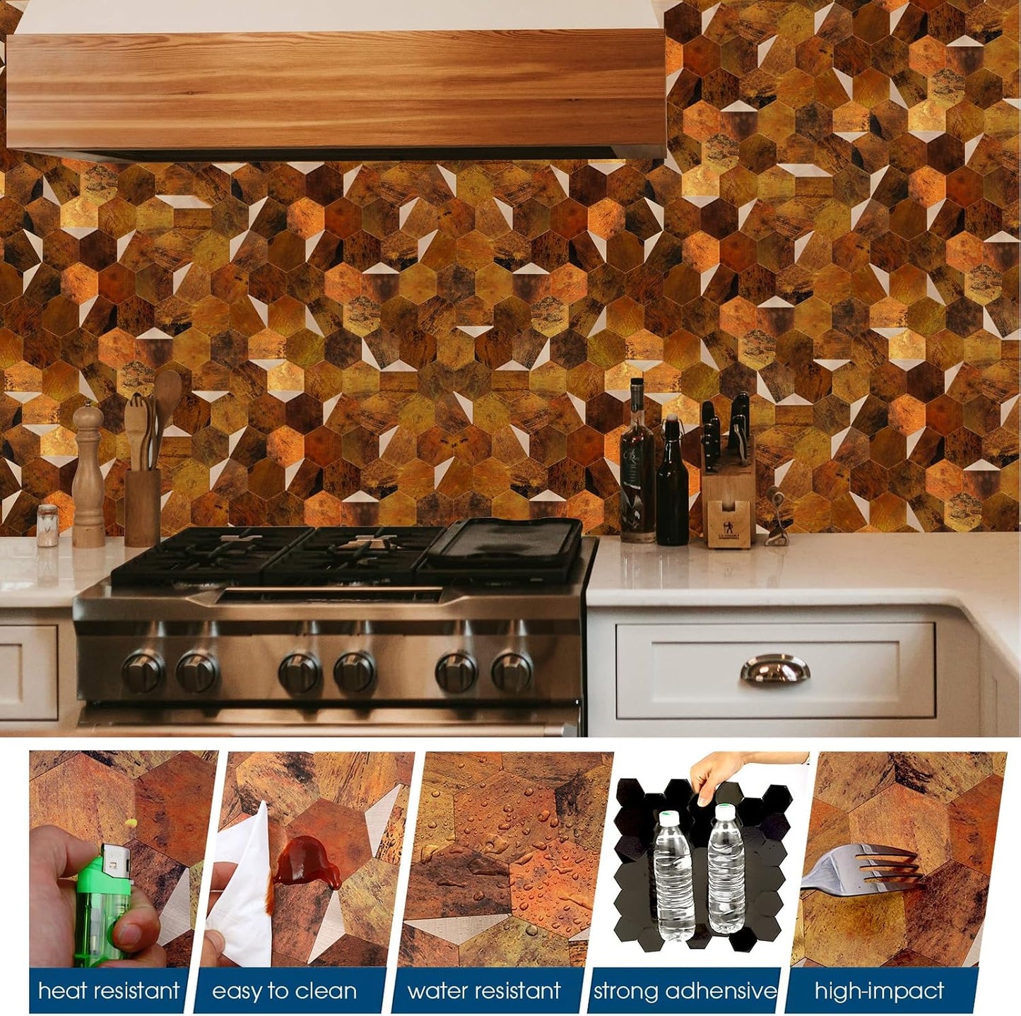 10-Sheet Heavy-Duty Hexagon Peel and Stick Backsplash, Thick Waterproof &Heat Resistant Stick on Wall Tiles, Slate Beige Mosaic for Kitchen & Bathroom, Strong Adhesive Permanent PVC Tiles