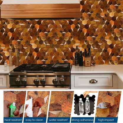 10-Sheet Heavy-Duty Hexagon Peel and Stick Backsplash, Thick Waterproof &Heat Resistant Stick on Wall Tiles, Slate Beige Mosaic for Kitchen & Bathroom, Strong Adhesive Permanent PVC Tiles