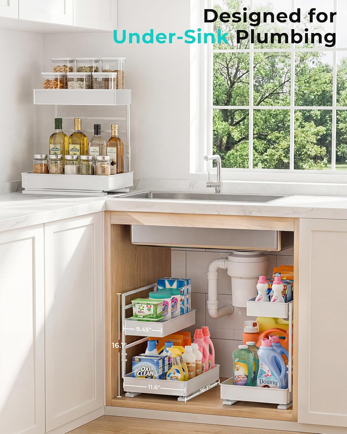 EVERIE Height Adjustable 2 Tier Metal Pull Out Slide Shelf Organizer for Under Sink Cabinets in Kitchen, Bathroom, with Snap-on Top Tray, 16" Deep (Black, 2 Sets) | Pull Out
