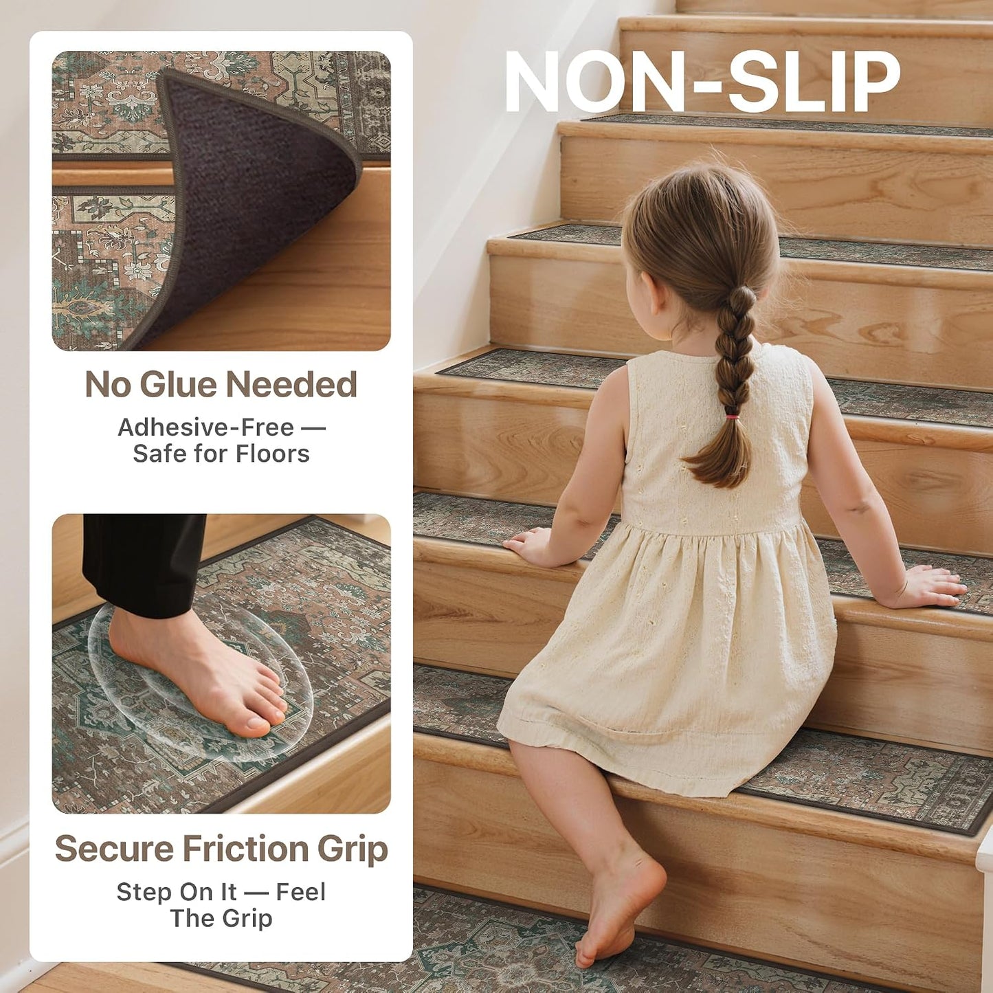 sarben Non Slip Stair Treads for Wooden Steps 15PCS - 8"x30" Indoor Safety Carpet, Edging Mats with TPE Adhesive Backing, Pet and Elderly Friendly Stair Rugs (Taupe) - Colors A