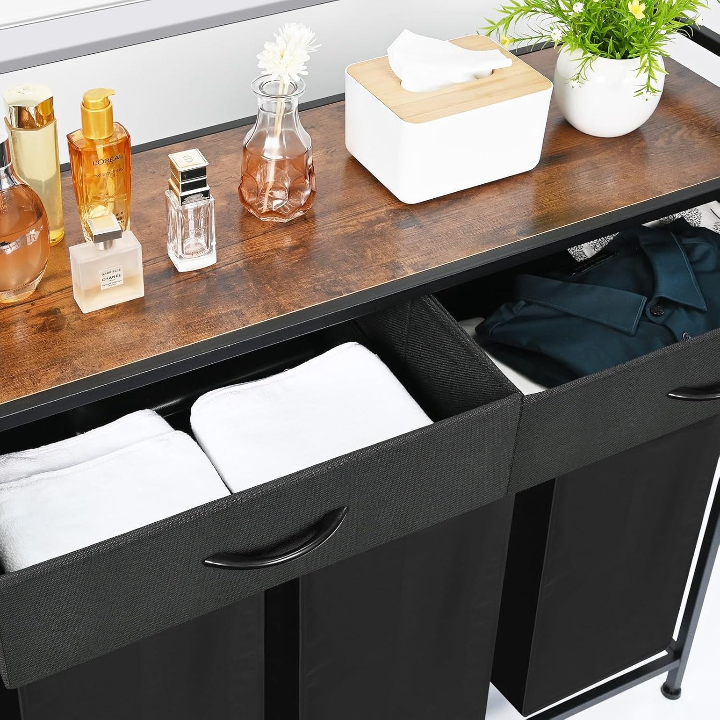 Laundry Hamper 3 Section, 150L Rolling Laundry Sorter Basket with 2 Shelves and 2 Drawers, 3 Compartment Clothes Organizer Cart with Wheels, Pull-Out Bags for Laundry Room, Bathroom, Bedroom