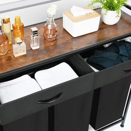 Laundry Hamper 3 Section, 150L Rolling Laundry Sorter Basket with 2 Shelves and 2 Drawers, 3 Compartment Clothes Organizer Cart with Wheels, Pull-Out Bags for Laundry Room, Bathroom, Bedroom