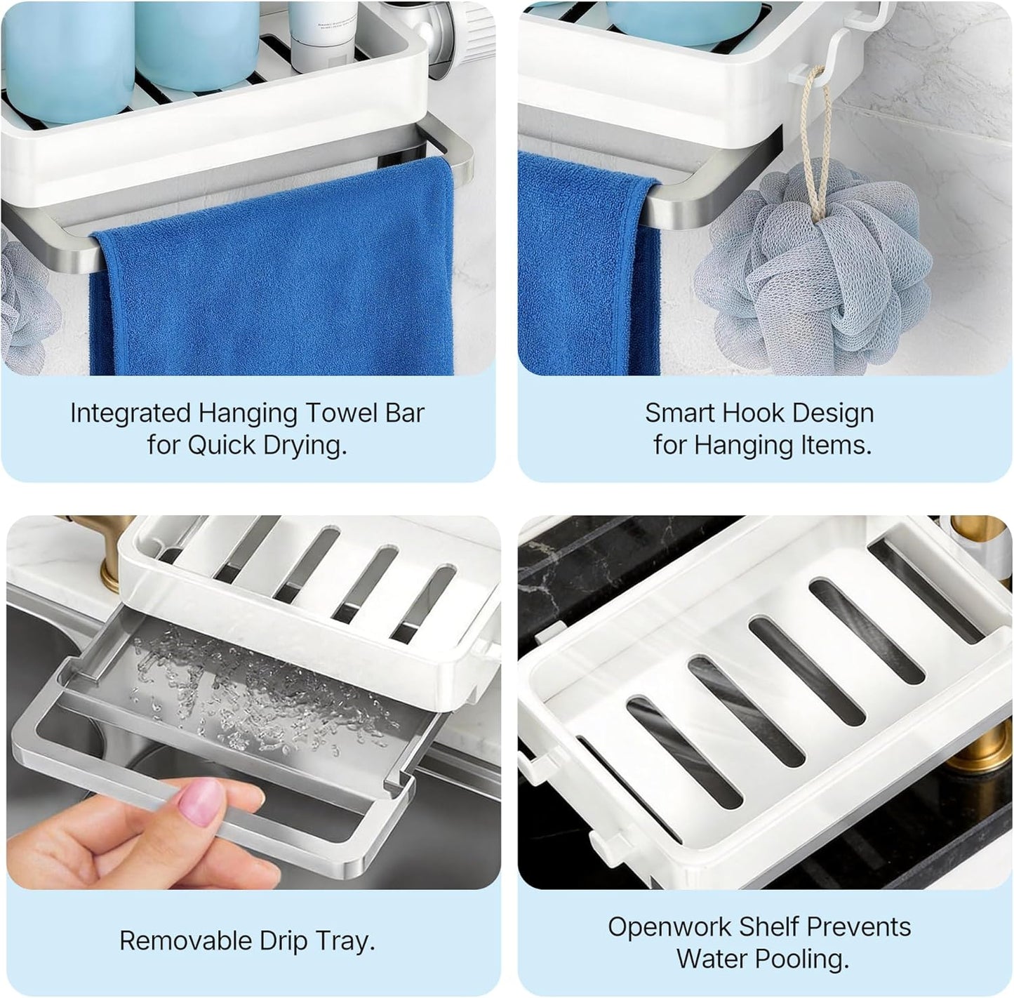 Sink Caddy Kitchen Sink Organizer, 360° Rotating Faucet Sponge Holder for Kitchen Sink with Pull-Out Drain Tray 3 Compartments Hanging Sink Caddy for Sponge Dish Brush Cloth,White