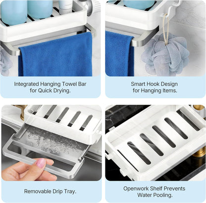 Sink Caddy Kitchen Sink Organizer, 360° Rotating Faucet Sponge Holder for Kitchen Sink with Pull-Out Drain Tray 3 Compartments Hanging Sink Caddy for Sponge Dish Brush Cloth,White