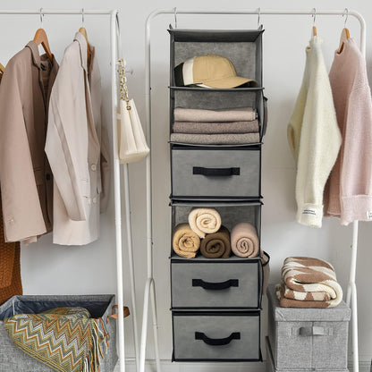 GRANNY SAYS Hanging Closet Organizer 6 Shelves, Closet Organizers and Storage with 5 Drawers, 6 Side Pockets Closet Hanging Organizer, Hanging Storage Organizer for Closet, Baby Clothes, Gray