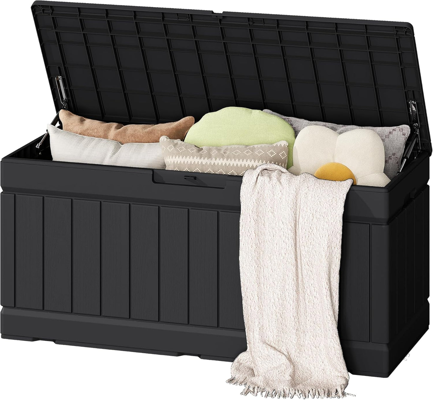 Flamaker Outdoor Storage Box 80 Gallon Resin Waterproof Deck Box Delivery Box with Wood Texture Large Storage Bin for Patio Cushions, (Grey)