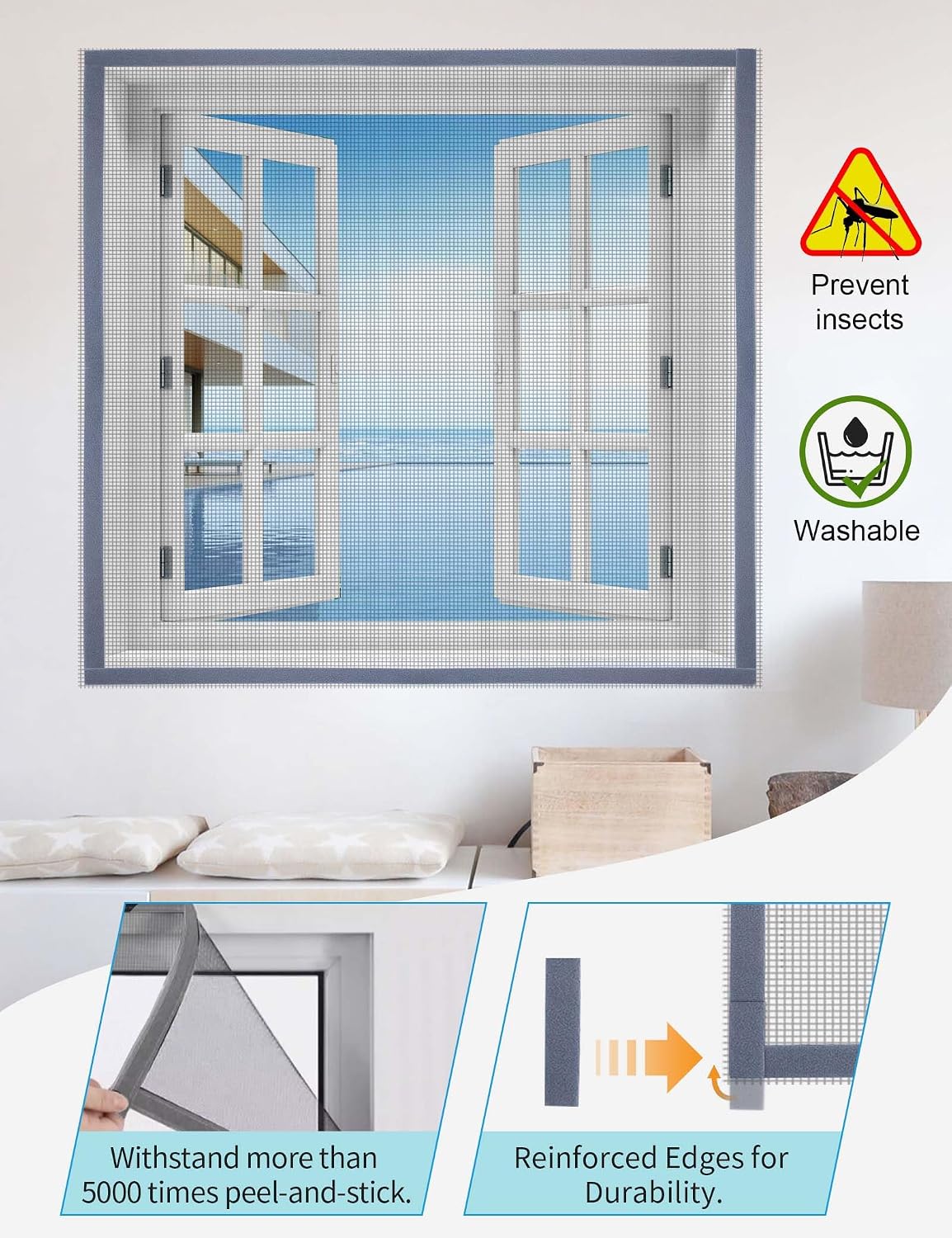 Homealexa DIY Window Screen Kit, Max 51"x 59" Adjustable Mosquito Mesh with Reinforced Edge, Thick Self-Adhesive Temporary Nylon Window Screens Replacement