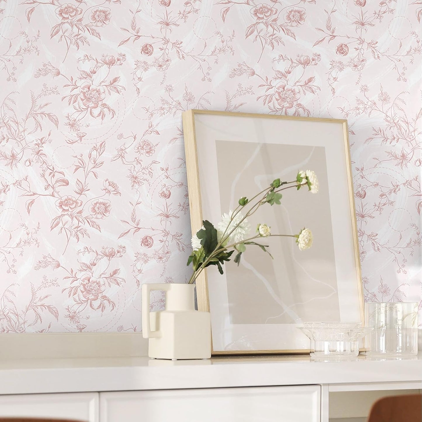 Dimoon 17.3''x78.7'' Vintage Peel and Stick Wallpaper Boho Beige Neutral Contact Paper White Floral Bird Wallpaper Removable Botanical Renter Friendly Modern Wall Paper Bedroom Bathroom Vinyl Roll
