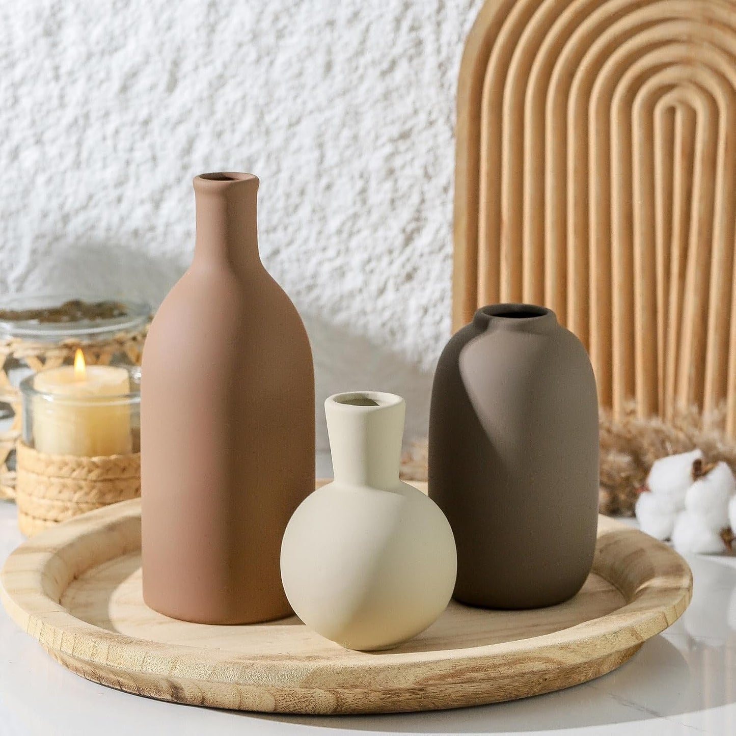Ceramic Vase Set of 3, Decorative Vases Home Decor Modern Neutral Flower Pampass Boho Vase for Living Room, Table, Mantel, Entryway, Bookshelf, Kitchen, Bedroom, Bathroom - White