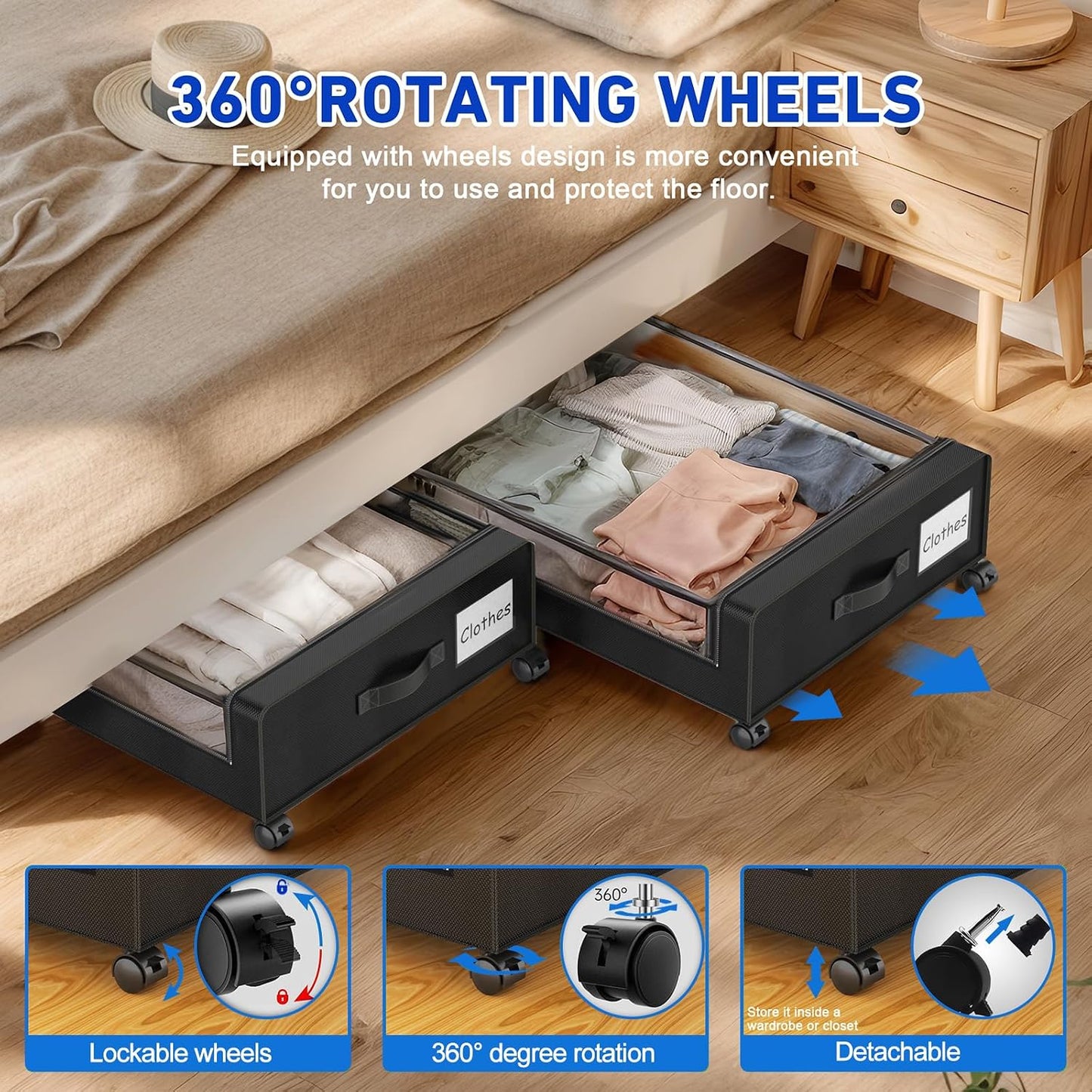 Beborxue Under Bed Storage with Wheels, 4-Pack Under Bed Storage Containers with Clear Lids, XXL 60L Under Bed Shoe Storage Organizer, Rolling Underbed Storage for Clothes, Shoes, Blankets (Beige)