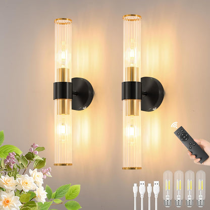 Morauroral Gold Battery Operated Wall Sconces Set of Two, Rechargeable Wall Sconce with Dimmable Remote Control, 20 Inch Wireless Sconce Wall Light for Bedroom, Living Room (Bulbs Included)
