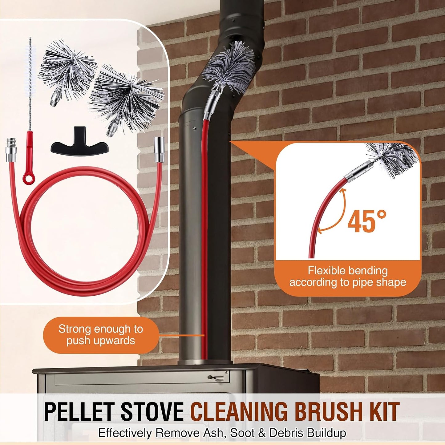 Feekoon Pellet Stove Cleaning Kit, 10 FT Flexible Steel Rod with 3" Brush Head, Flue Detail Cleaner, Pellet Stove Accessories for Vent Pipes Cleaning - Reduce Buildup & Improve Airflow
