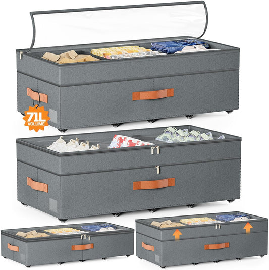 Dayacoco Under Bed Storage With Wheels,10in Underbed Storage Containers 65L | Large Capacity Underbed Storage, No Assembly Required Rolling Under Bed Storage for Clothes Blankets Shoes Beige