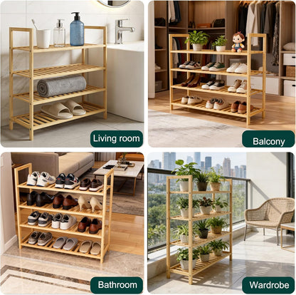 4 Tier Bamboo Wooden Shoe Rack for Closet & Entryway, Free Standing Shoe Rack Stand Organizer Shelf for Garage, Bedroom, Small Space Storage, Stackable