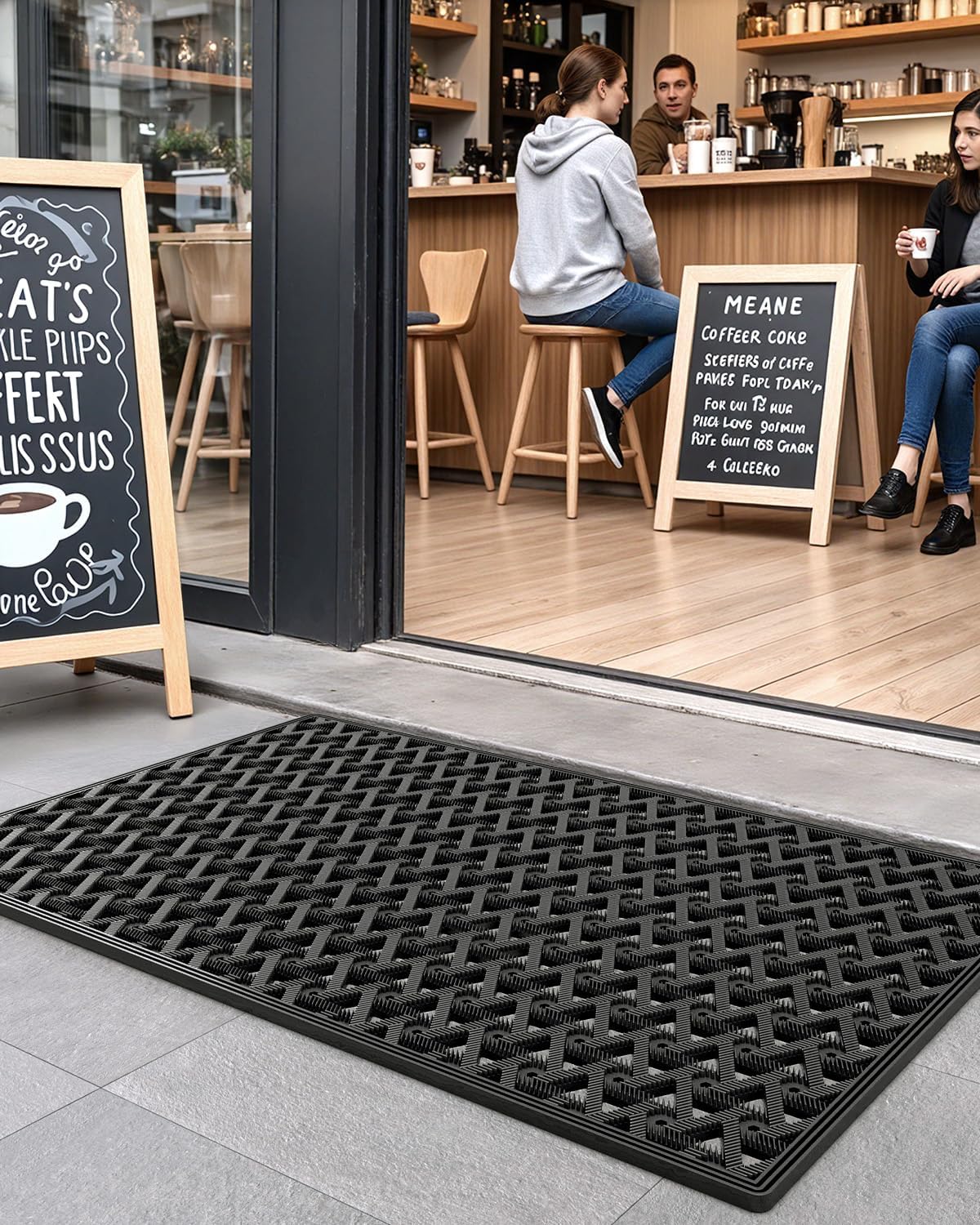 DEXI Front Door Mat Outside Entrance Rubber 19x30, Welcome Floor Doormat Heavy Duty Non Slip, Dirt Trapper Waterproof Exterior Entry Mats All Weather for Patio Entryway Drainage, Black